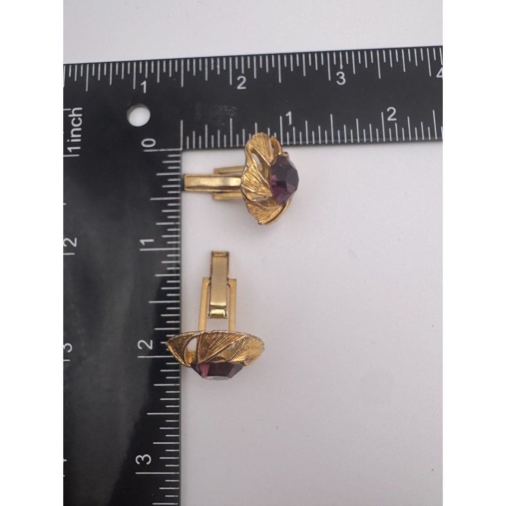 Vintage Brutalist Cufflinks Mid Century Gold Tone Swirl Purple Rhinestone - Picture 3 of 9